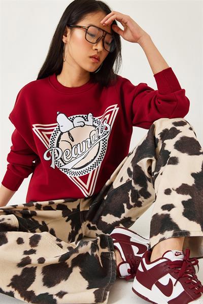 Kadın Üç İplik Şardonlu Baskılı Sweatshirt 60261216 - Bordo