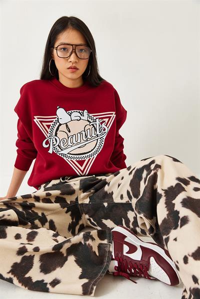 Kadın Üç İplik Şardonlu Baskılı Sweatshirt 60261216 - Bordo