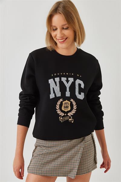 Kadın Üç İplik Şardonlu Nakışlı Sweatshirt 6476 60261023 - Siyah