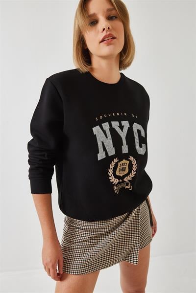Kadın Üç İplik Şardonlu Nakışlı Sweatshirt 6476 60261023 - Siyah