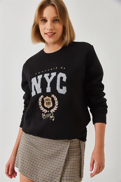 Kadın Üç İplik Şardonlu Nakışlı Sweatshirt 6476 60261023 - Siyah