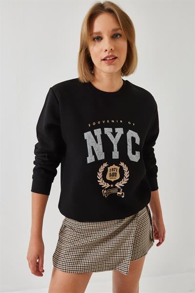 Kadın Üç İplik Şardonlu Nakışlı Sweatshirt 6476 60261023 - Siyah