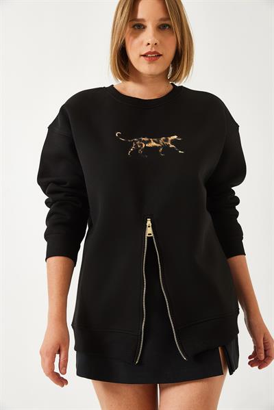Kadın Üç İplik Şardonlu Önü Fermuarlı Leopar Baskılı Sweatshirt 60351258 - Siyah