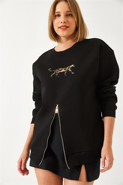 Kadın Üç İplik Şardonlu Önü Fermuarlı Leopar Baskılı Sweatshirt 60351258 - Siyah