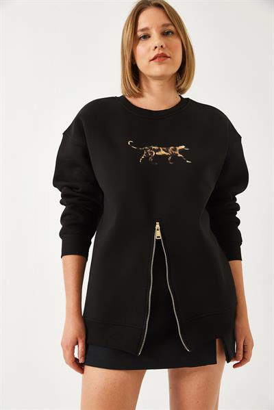 Kadın Üç İplik Şardonlu Önü Fermuarlı Leopar Baskılı Sweatshirt 60351258 - Siyah