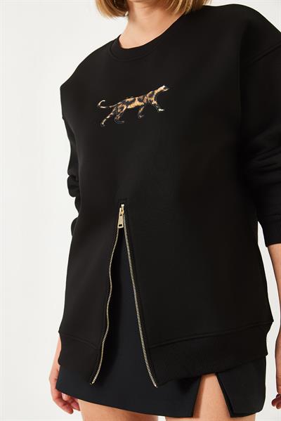 Kadın Üç İplik Şardonlu Önü Fermuarlı Leopar Baskılı Sweatshirt 60351258 - Siyah
