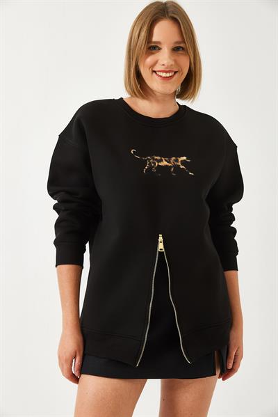 Kadın Üç İplik Şardonlu Önü Fermuarlı Leopar Baskılı Sweatshirt 60351258 - Siyah