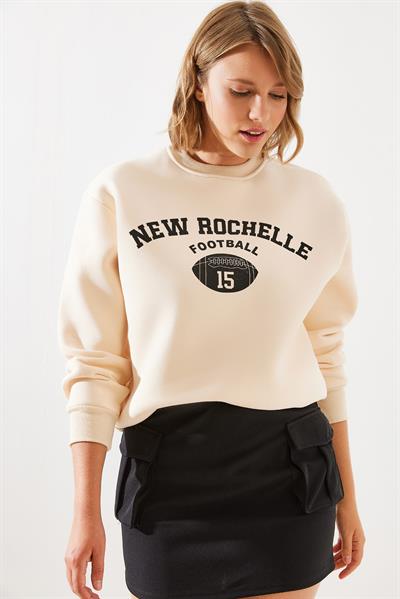 Kadın Üç İplik Şardonlu Rochelle Yazı Baskılı Sweatshirt MBHS001 60601001 - Bej