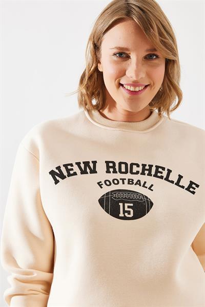 Kadın Üç İplik Şardonlu Rochelle Yazı Baskılı Sweatshirt MBHS001 60601001 - Bej