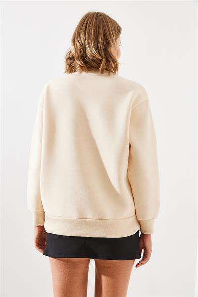 Kadın Üç İplik Şardonlu Rochelle Yazı Baskılı Sweatshirt MBHS001 60601001 - Bej