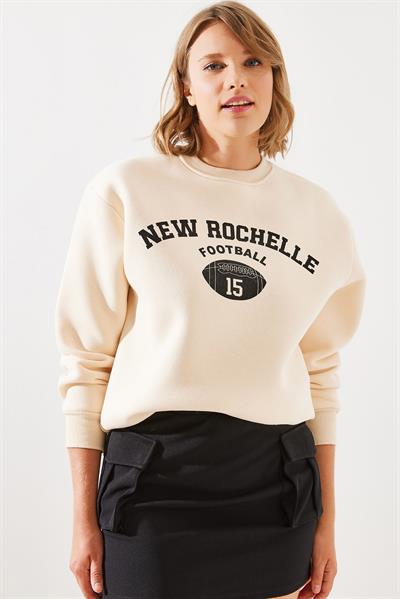 Kadın Üç İplik Şardonlu Rochelle Yazı Baskılı Sweatshirt MBHS001 60601001 - Bej