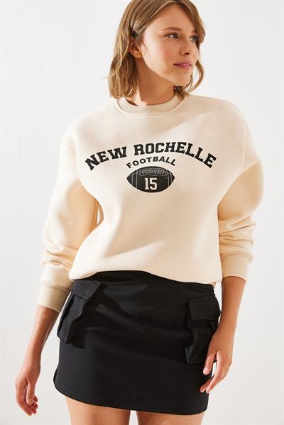 Kadın Üç İplik Şardonlu Rochelle Yazı Baskılı Sweatshirt MBHS001 60601001 - Bej