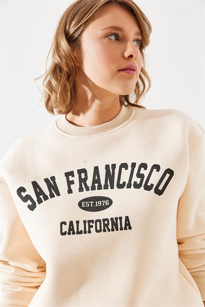 Kadın Üç İplik Şardonlu San Francisco Baskılı Sweatshirt MBHS006 60601006 - Bej