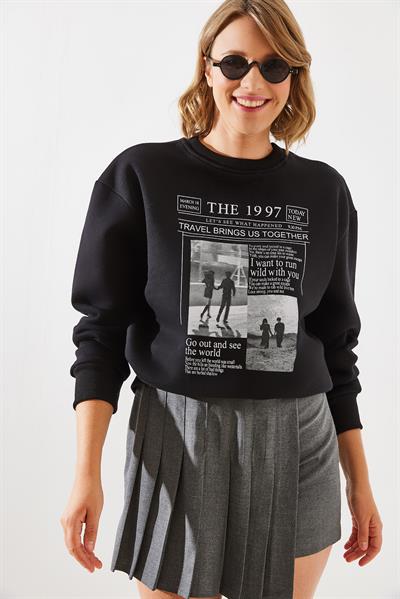 Kadın Üç İplik Şardonlu The 1997 Baskılı Sweatshirt MBHS009 60601009 - Siyah