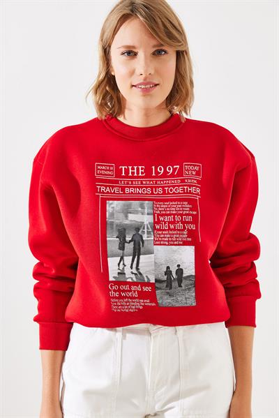 Kadın Üç İplik Şardonlu The 1997 Baskılı Sweatshirt MBHS009 60601009 - Kırmızı
