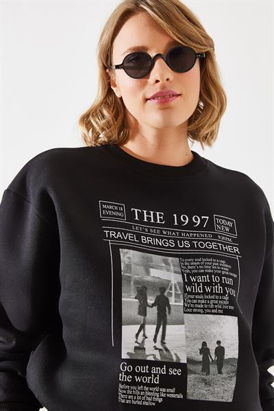Kadın Üç İplik Şardonlu The 1997 Baskılı Sweatshirt MBHS009 60601009 - Siyah
