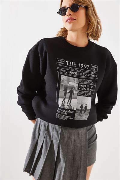 Kadın Üç İplik Şardonlu The 1997 Baskılı Sweatshirt MBHS009 60601009 - Siyah
