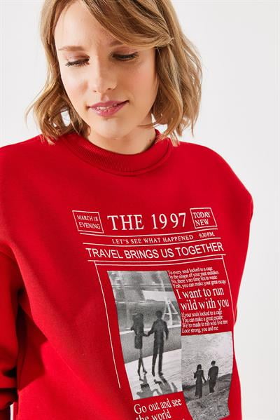 Kadın Üç İplik Şardonlu The 1997 Baskılı Sweatshirt MBHS009 60601009 - Kırmızı