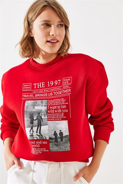 Kadın Üç İplik Şardonlu The 1997 Baskılı Sweatshirt MBHS009 60601009 - Kırmızı