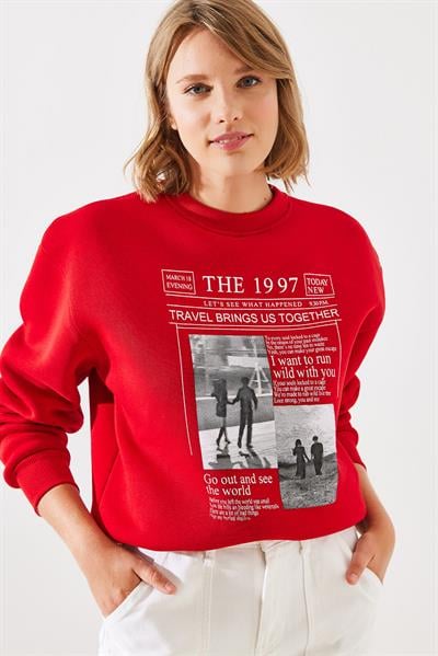 Kadın Üç İplik Şardonlu The 1997 Baskılı Sweatshirt MBHS009 60601009 - Kırmızı