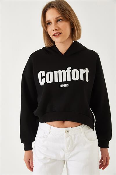 Kadın Üç İplik Şardonlu Yanları Fermuarlı Crop Sweatshirt 60261016 - Siyah