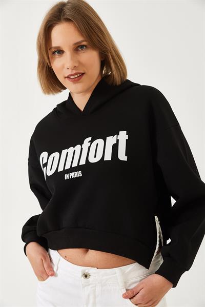Kadın Üç İplik Şardonlu Yanları Fermuarlı Crop Sweatshirt 60261016 - Siyah