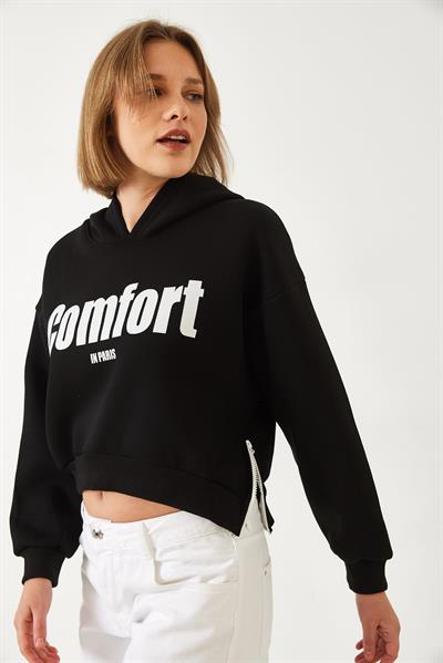 Kadın Üç İplik Şardonlu Yanları Fermuarlı Crop Sweatshirt 60261016 - Siyah