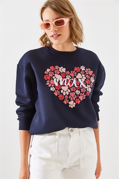 Kadın Üç İplik Şardonlu Yuvarlak Yaka Pati Baskılı Sweatshirt MBHS005 60601005 - Lacivert