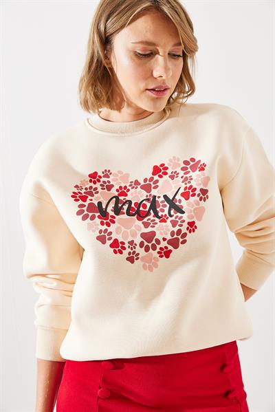 Kadın Üç İplik Şardonlu Yuvarlak Yaka Pati Baskılı Sweatshirt MBHS005 60601005 - Bej