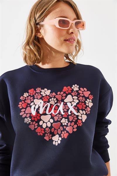 Kadın Üç İplik Şardonlu Yuvarlak Yaka Pati Baskılı Sweatshirt MBHS005 60601005 - Lacivert
