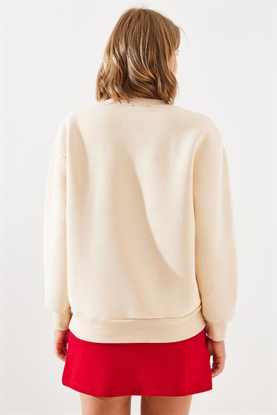 Kadın Üç İplik Şardonlu Yuvarlak Yaka Pati Baskılı Sweatshirt MBHS005 60601005 - Bej