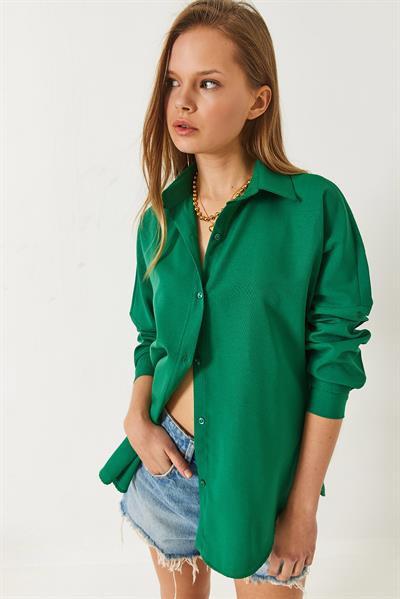 Kadın Uzun Kollu Düğme Kapamalı Basic Gömlek 60261459 - Zümrüt Yeşili