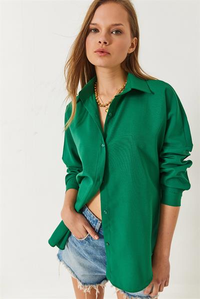Kadın Uzun Kollu Düğme Kapamalı Basic Gömlek 60261459 - Zümrüt Yeşili