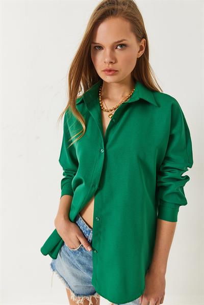 Kadın Uzun Kollu Düğme Kapamalı Basic Gömlek 60261459 - Zümrüt Yeşili