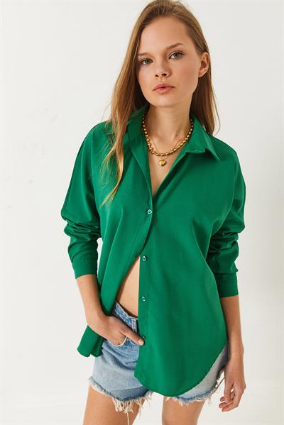 Kadın Uzun Kollu Düğme Kapamalı Basic Gömlek 60261459 - Zümrüt Yeşili