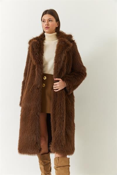 Uzun Kürklü Astarlı Mont 2614 60261064 - Acı Kahve