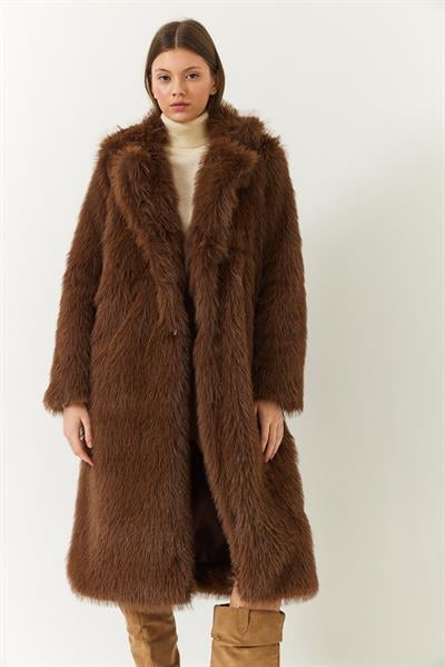 Uzun Kürklü Astarlı Mont 2614 60261064 - Acı Kahve