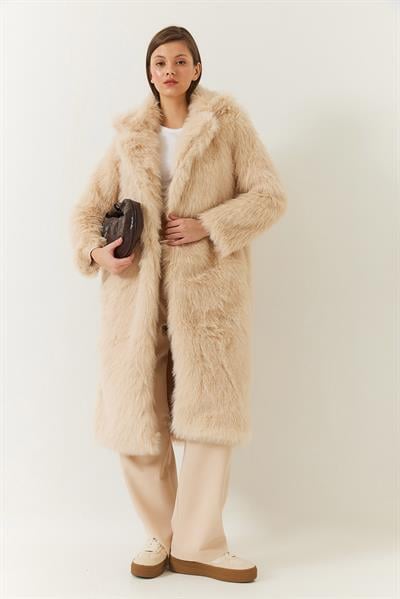 Uzun Kürklü Astarlı Mont 2614 60261064 - Krem
