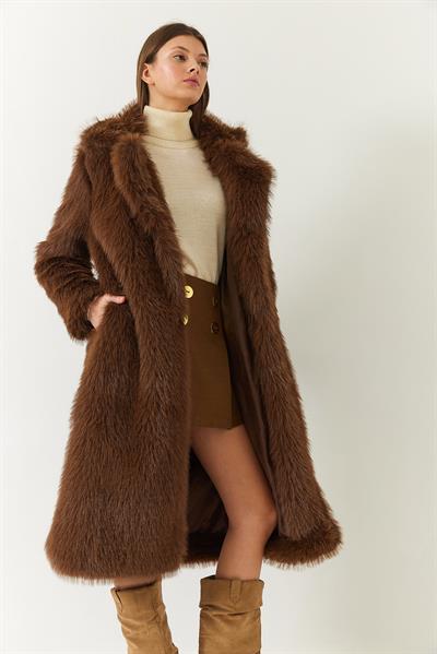 Uzun Kürklü Astarlı Mont 2614 60261064 - Acı Kahve