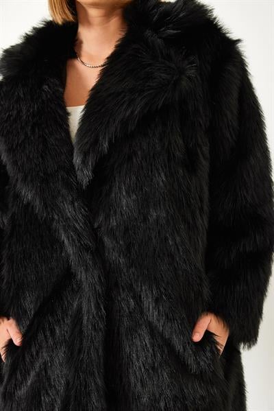 Uzun Kürklü Astarlı Mont 2614 60261064 - Siyah