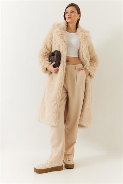 Uzun Kürklü Astarlı Mont 2614 60261064 - Krem