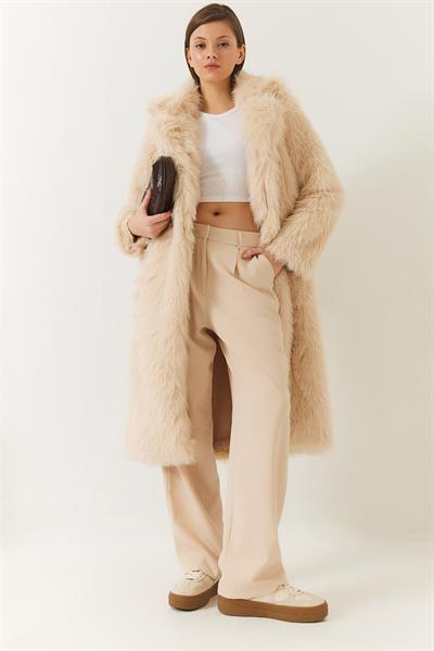 Uzun Kürklü Astarlı Mont 2614 60261064 - Krem
