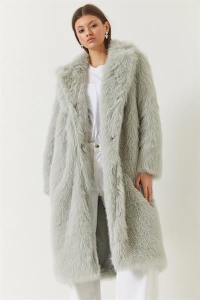 Uzun Kürklü Astarlı Mont 2614 60261064 - Buz Gri