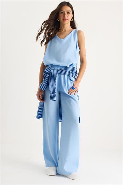 Kadın V Yaka Askılı Bluz Palazzo Pantolonlu Alt-Üst Takım 3142 60283115 - Bebe Mavisi