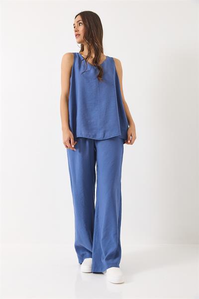 Kadın V Yaka Askılı Bluz Palazzo Pantolonlu Alt-Üst Takım 3142 60283115 - İndigo