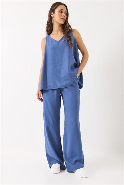 Kadın V Yaka Askılı Bluz Palazzo Pantolonlu Alt-Üst Takım 3142 60283115 - İndigo