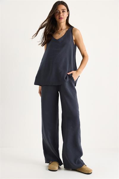 Kadın V Yaka Askılı Bluz Palazzo Pantolonlu Alt-Üst Takım 3142 60283115 - Füme