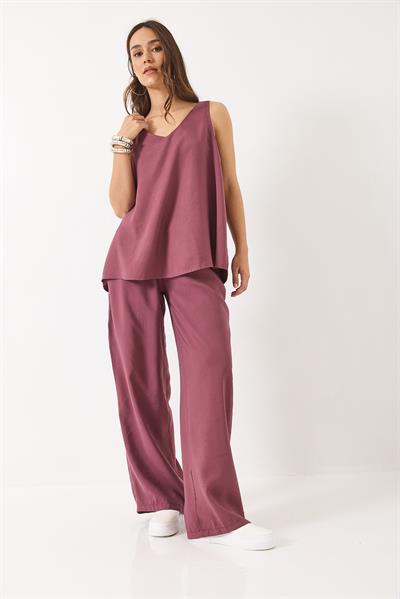 Kadın V Yaka Askılı Bluz Palazzo Pantolonlu Alt-Üst Takım 3142 60283115 - Eflatun