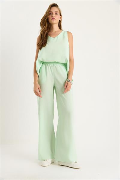 Kadın V Yaka Askılı Bluz Palazzo Pantolonlu Alt-Üst Takım 3142 60283115 - Su Yeşili
