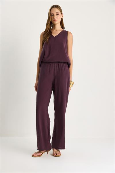 Kadın V Yaka Askılı Bluz Palazzo Pantolonlu Alt-Üst Takım 3142 60283115 - Patlıcan
